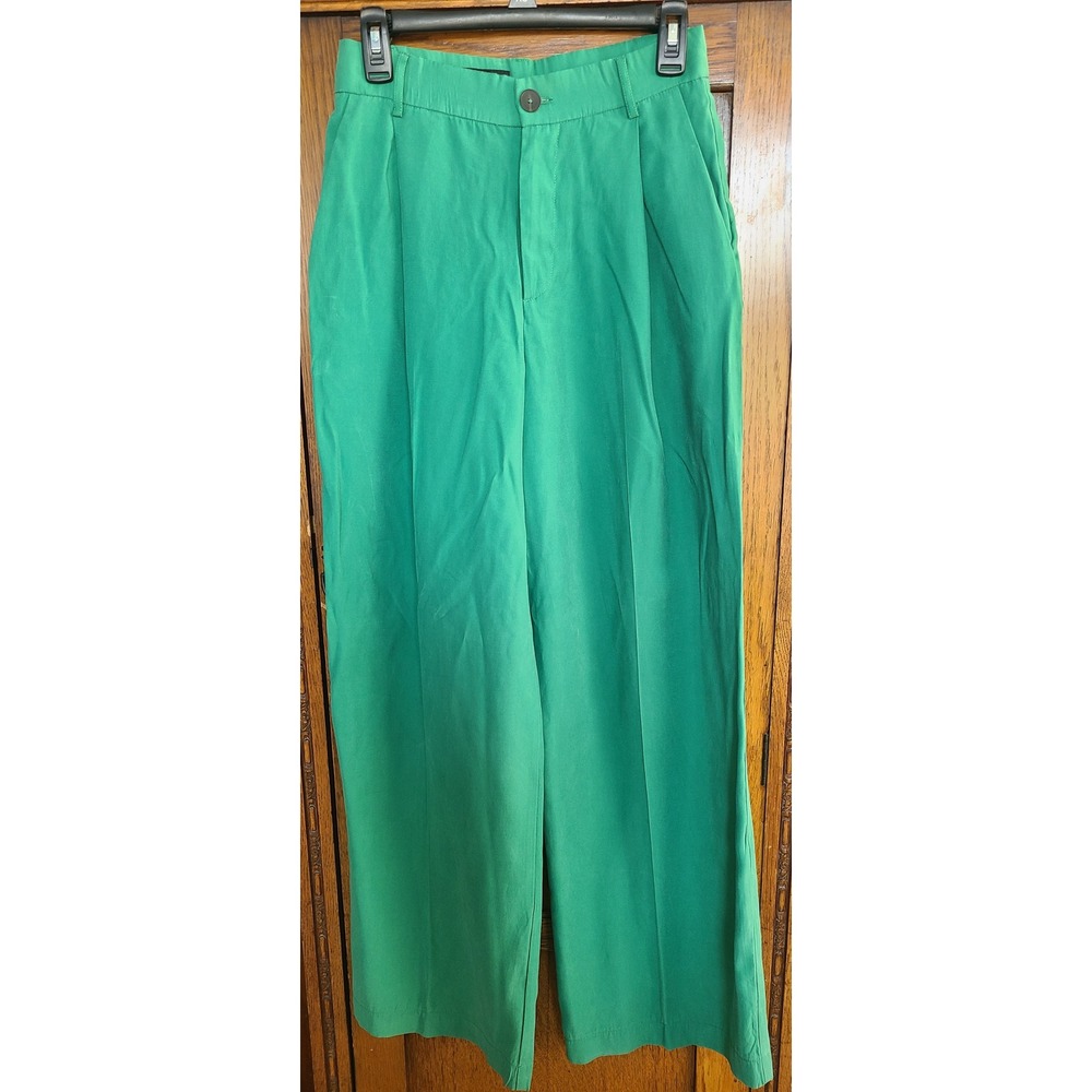 Zara Womens Green High Waisted Wide Leg Trousers Pants Size XS Pleated Front